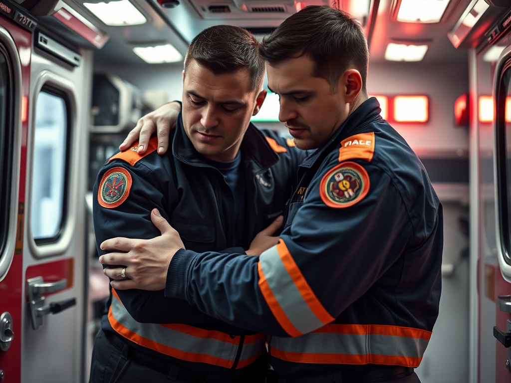 Два человека в униформе служб экстренной помощи обнимаются в салоне автомобиля скорой помощи.