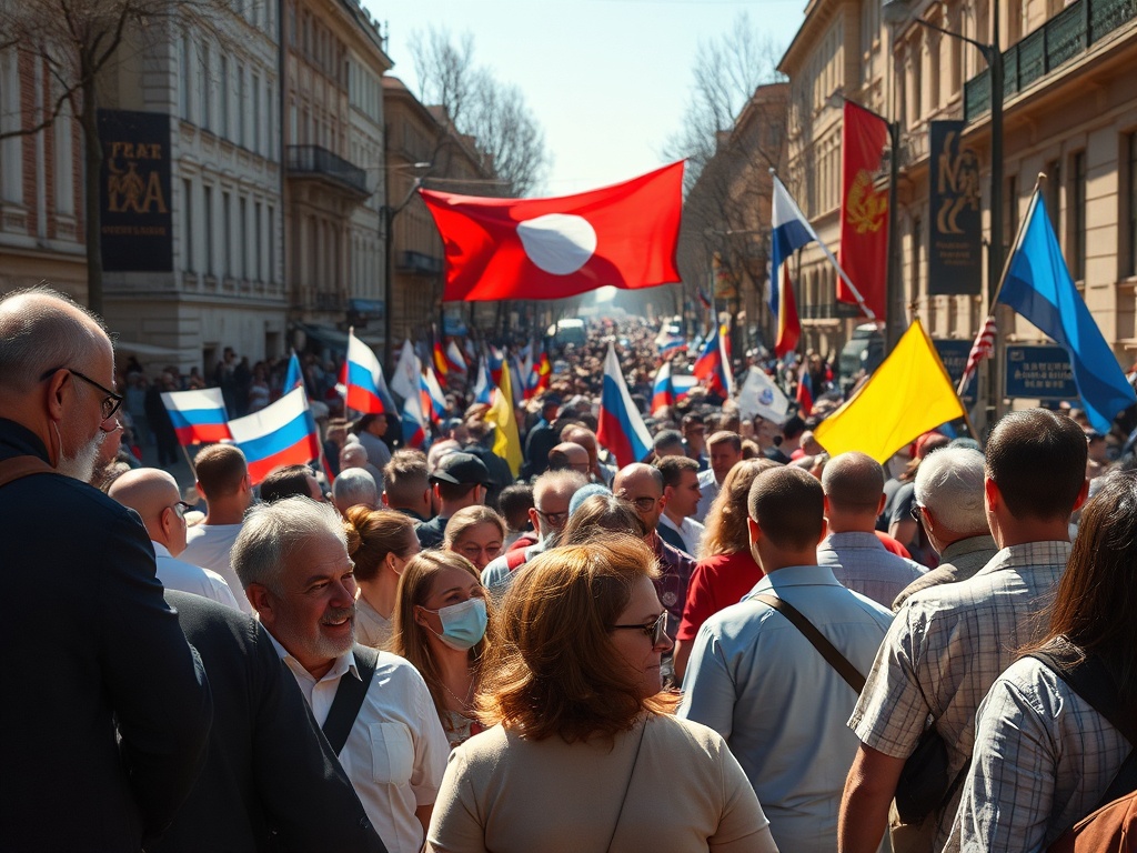 На массовом митинге люди держат флаги, обсуждая важные события и выражая свои взгляды. Солнце светит.