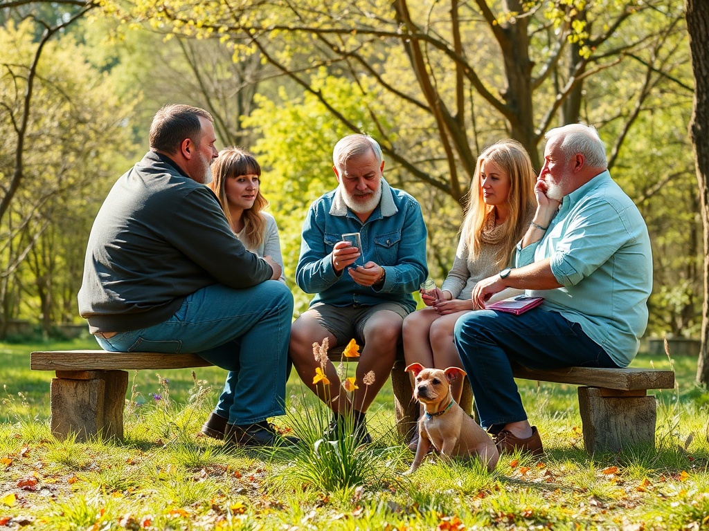 Группа людей сидит на скамейке в парке, обсуждая что-то вместе. Собака сидит рядом.