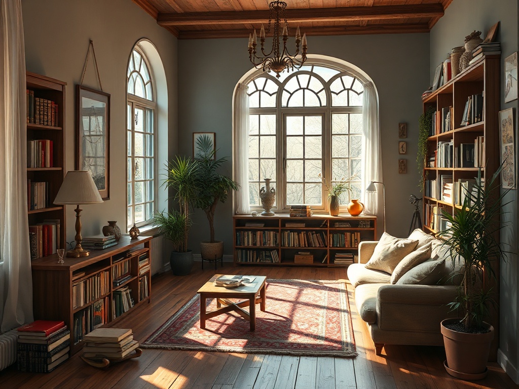 Светлая гостиная с книжными полками, уютным диваном и большими окнами, уютная атмосфера и зелёные растения.