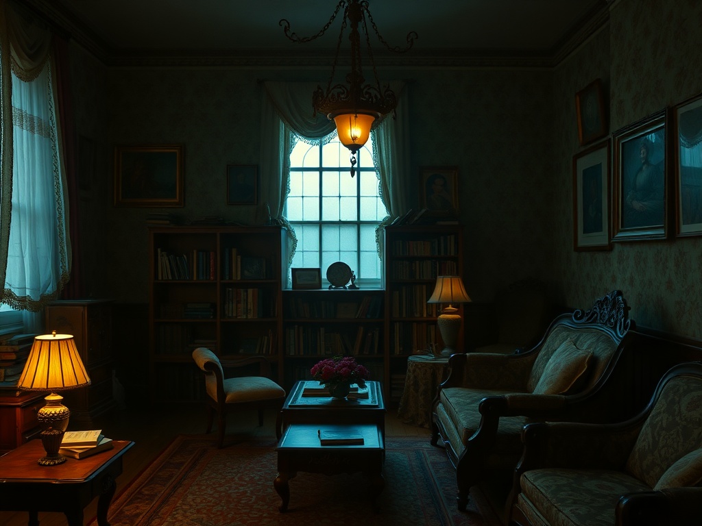 Уютная гостиная с мягким светом, книжными полками и картинами на стенах. Тишина и спокойствие.
