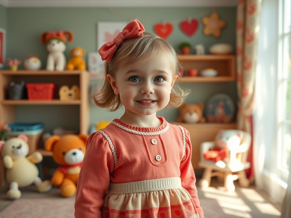 На изображении улыбается маленькая девочка с бантом, окруженная игрушками в уютной комнате.