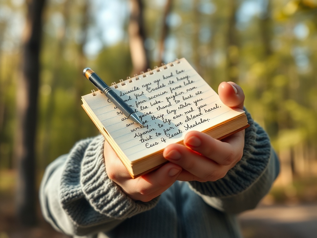 Записная книжка с текстом на руке на фоне леса. Человек держит ручку и смотрит на записи.