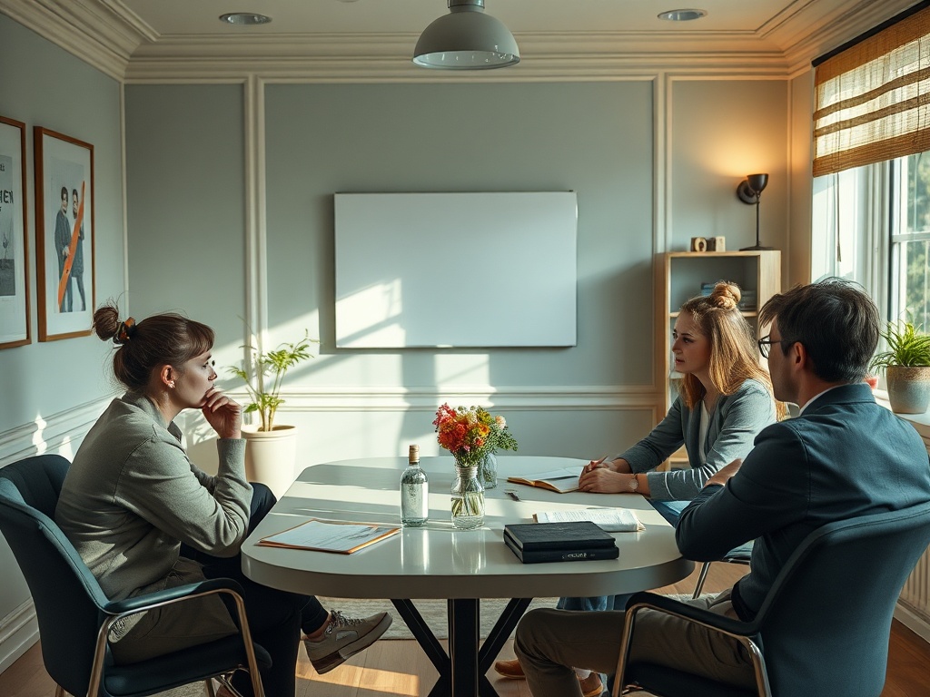 Трое людей обсуждают идеи в офисе, стол с цветами и канцелярией, спокойная атмосфера.