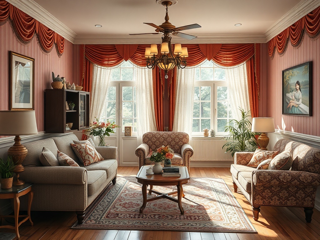 Уютная гостиная с окнами, украшенными шторами, диванами и красивыми декоративными элементами.