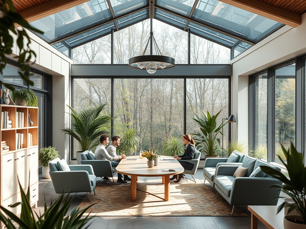 Современный офис с панорамными окнами, уютные кресла, растения и обсуждение между четырьмя людьми.