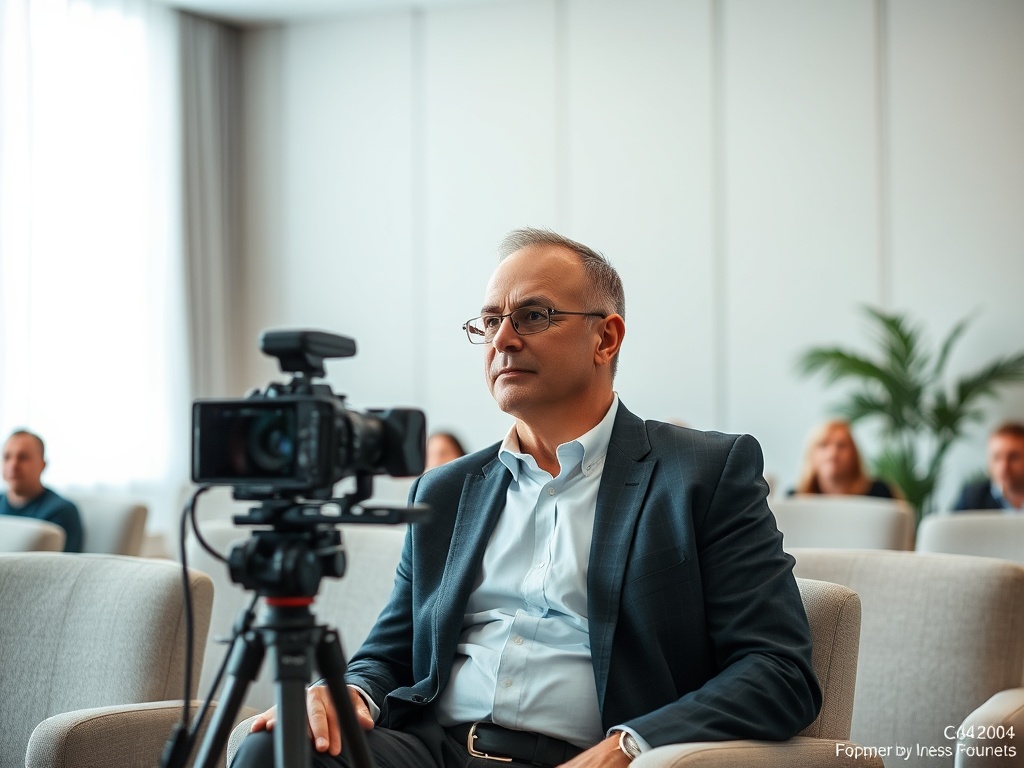 Человек в костюме сидит на конференции перед камерой, сосредоточенно слушая. За ним другие участники.