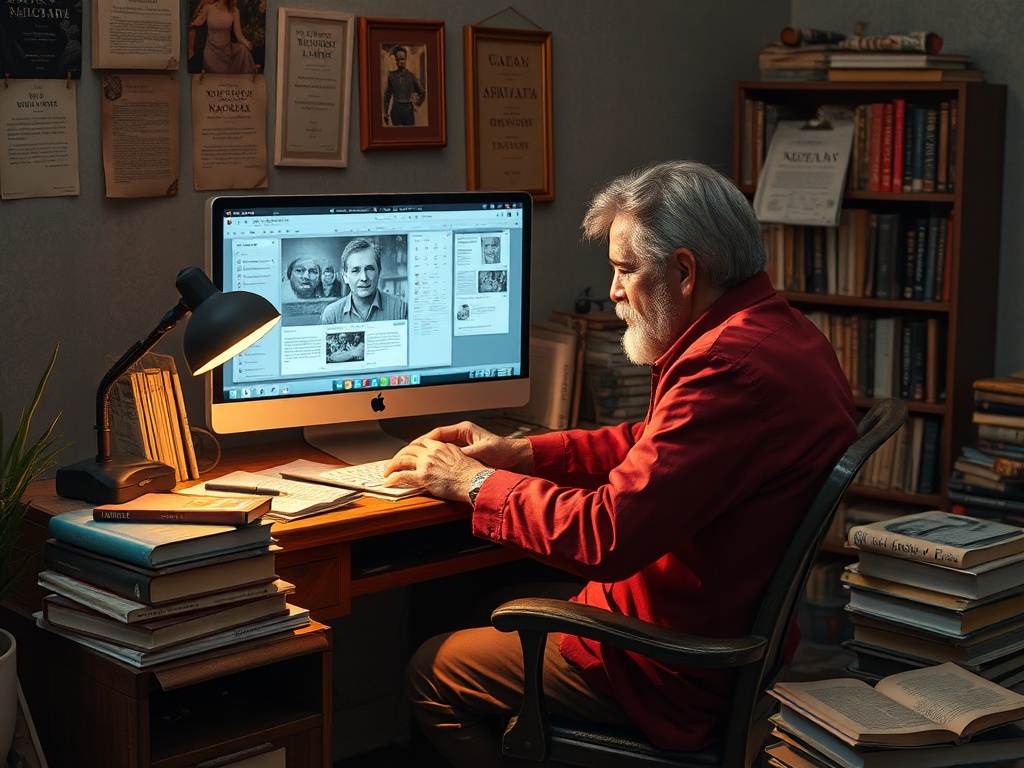 Пожилой мужчина работает за компьютером в комнате, окруженной книгами и документами. Теплый свет лампы.