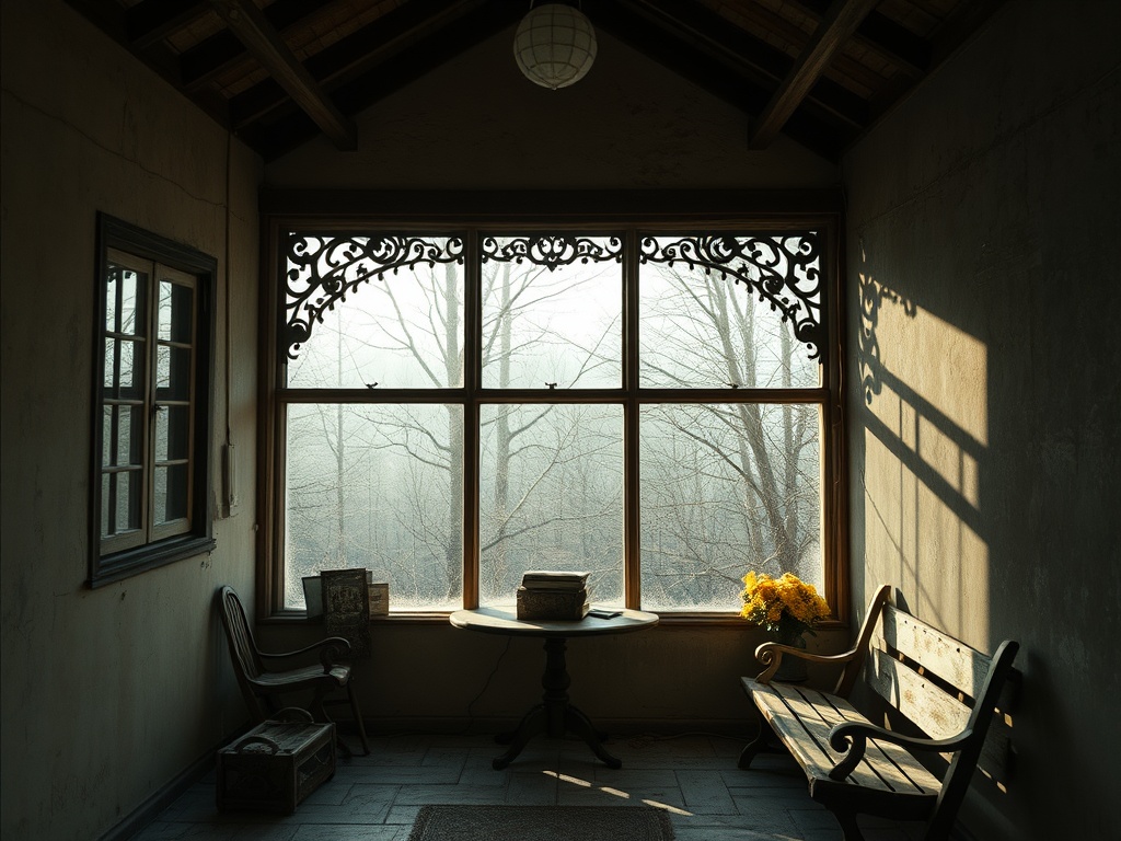 Уютный уголок с окнами, сквозь которые видны деревья в тумане, стол и скамейки для отдыха.