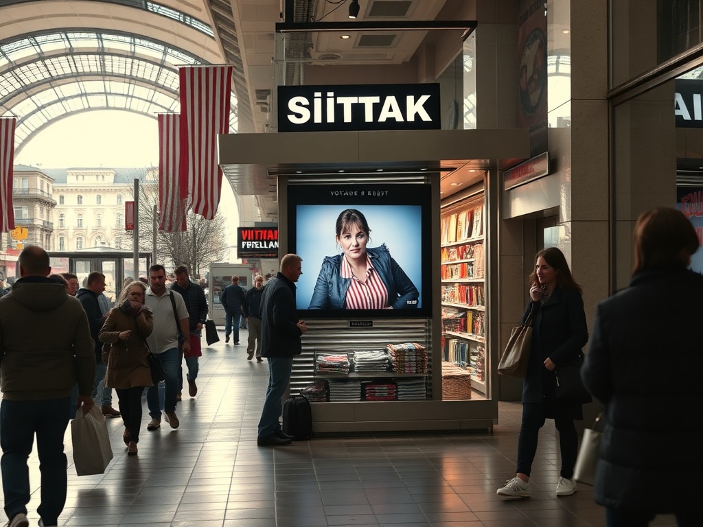 На изображении видно людное место с рекламой, в центре которой женщина в деловом костюме.