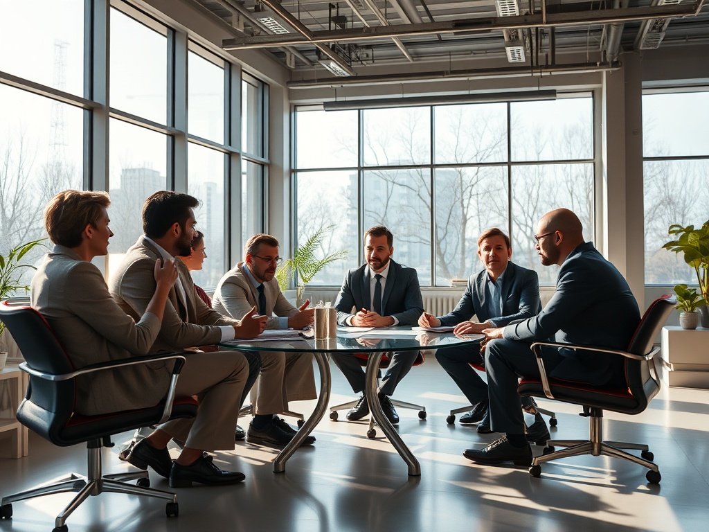 Группа людей в деловых костюмах обсуждает вопросы за круглым столом в офисе с большими окнами.