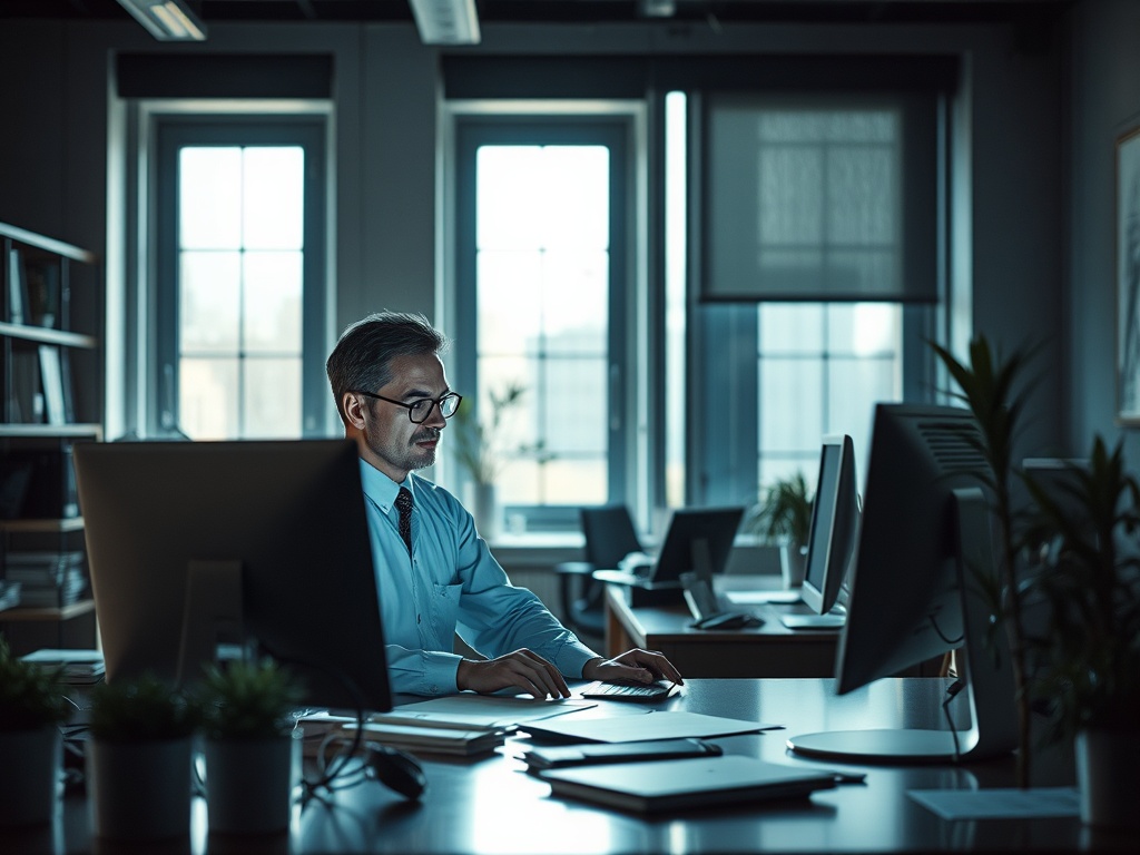 Человек в офисе работает за компьютером, освещаемый мягким светом и окружающим пространством.