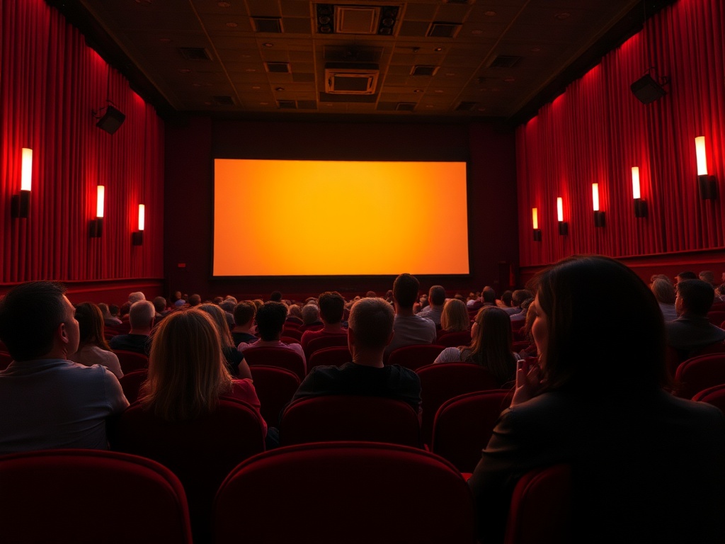 Зрители в кинотеатре ожидают начало фильма на большом экране. Интерьер красного цвета.