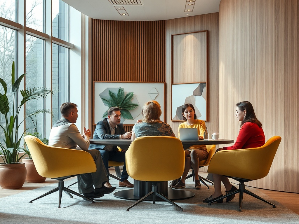 Группа из шестих человек обсуждает идеи за круглым столом в современном офисе. Стены оформлены деревом.