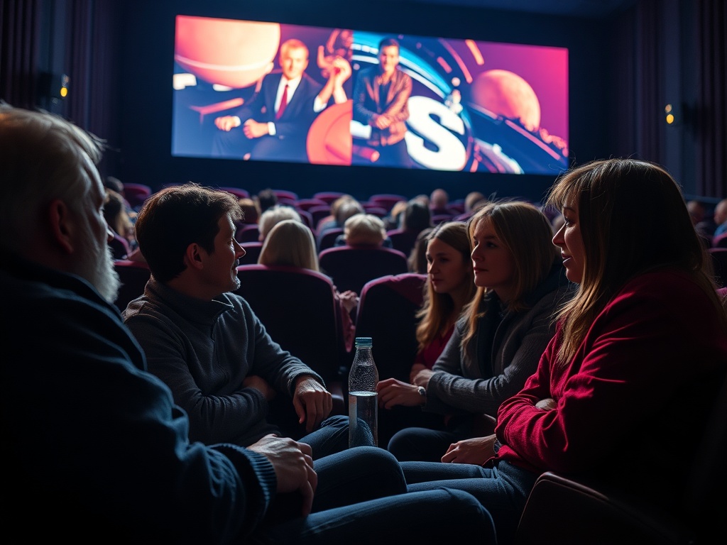 В кинотеатре группа людей обсуждает фильм, на экране — яркие картинки и персонажи.