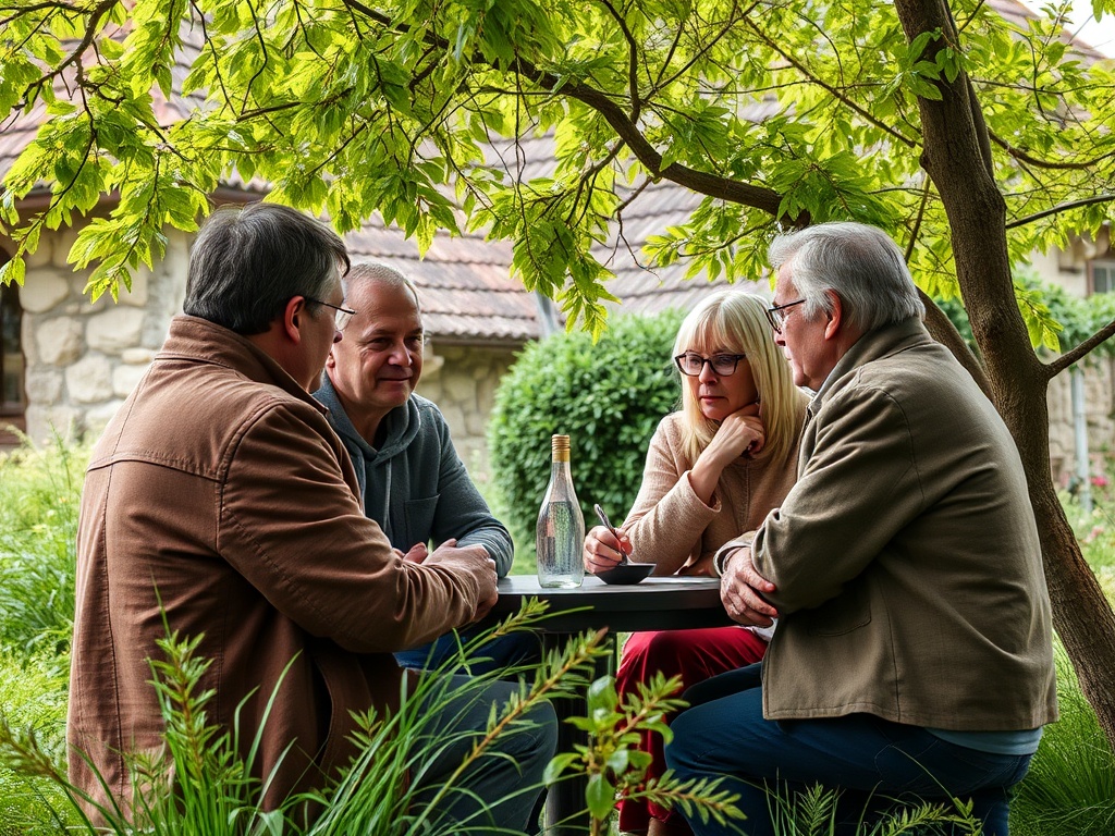 Четыре человека обсуждают за столом на улице под деревом в уютном кафе. Зелень и природа вокруг.