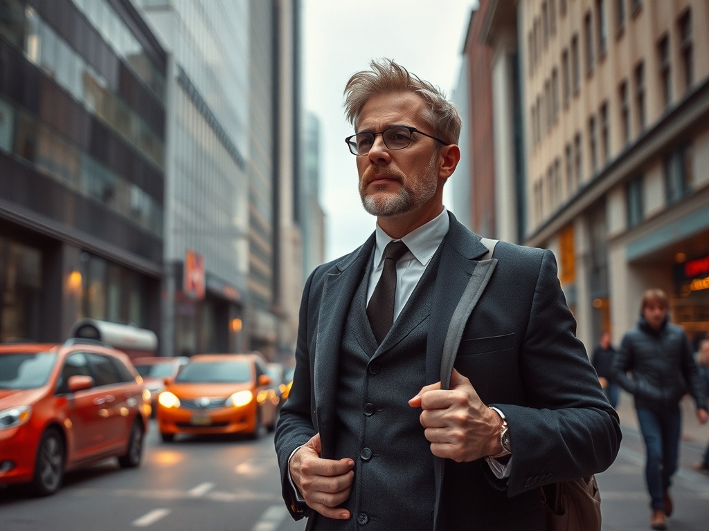 Мужчина в деловом костюме и очках гуляет по городу среди автомобилей и прохожих. Светлый холодный день.