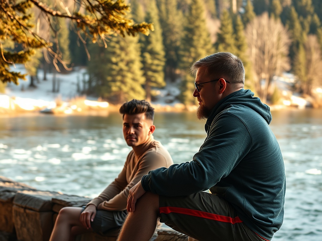 Два человека сидят у берега озера, окруженного зелеными деревьями, наслаждаясь природой.