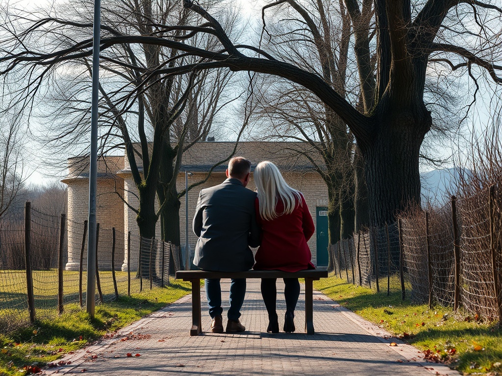 Пара сидит на скамейке в парке, наслаждаясь спокойствием и природой в солнечный день.
