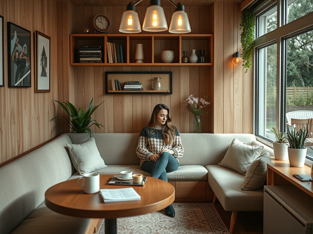 Уютный уголок с девушкой на диване, книгами, растениями и светом из окна. Тёплая, расслабляющая атмосфера.