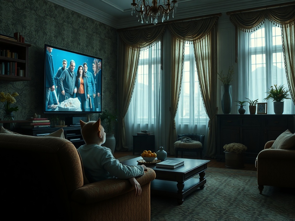 В уютной гостиной кот смотрит телевизор, на экране сцена с несколькими людьми. Мягкий свет через занавески.