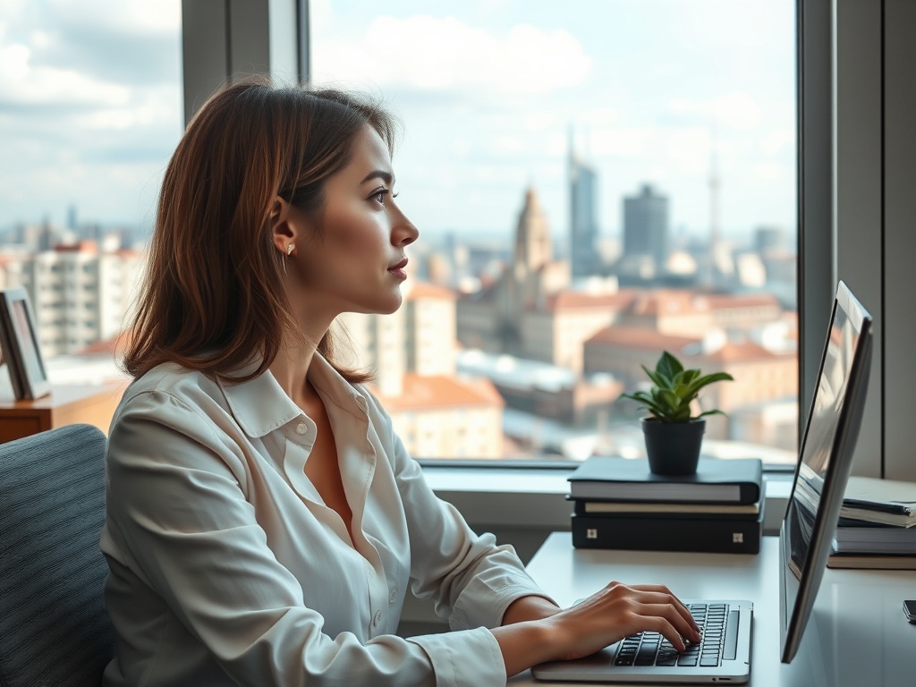 Женщина смотрит в окно офиса, печатая на ноутбуке. Городской пейзаж виден на фоне.