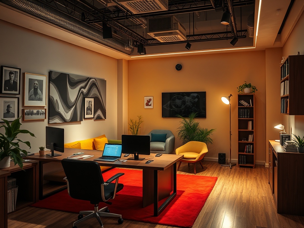 Современный офис с уютной мебелью, картинами на стенах и рабочими местами, освещенный мягким светом.