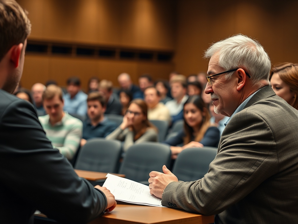 На заседании сидит мужчина в очках, слушая выступление. В аудитории множество людей.