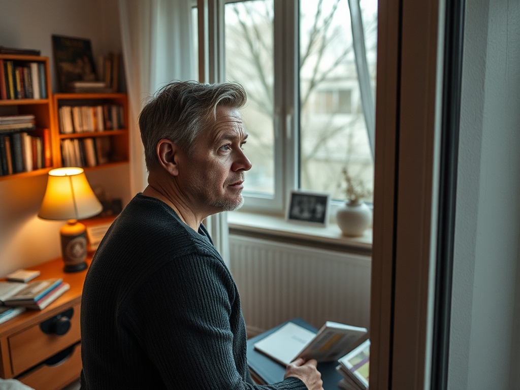 Мужчина в сером свитере сидит у окна, смотрит вдаль, за ним видна библиотека и настольная лампа.