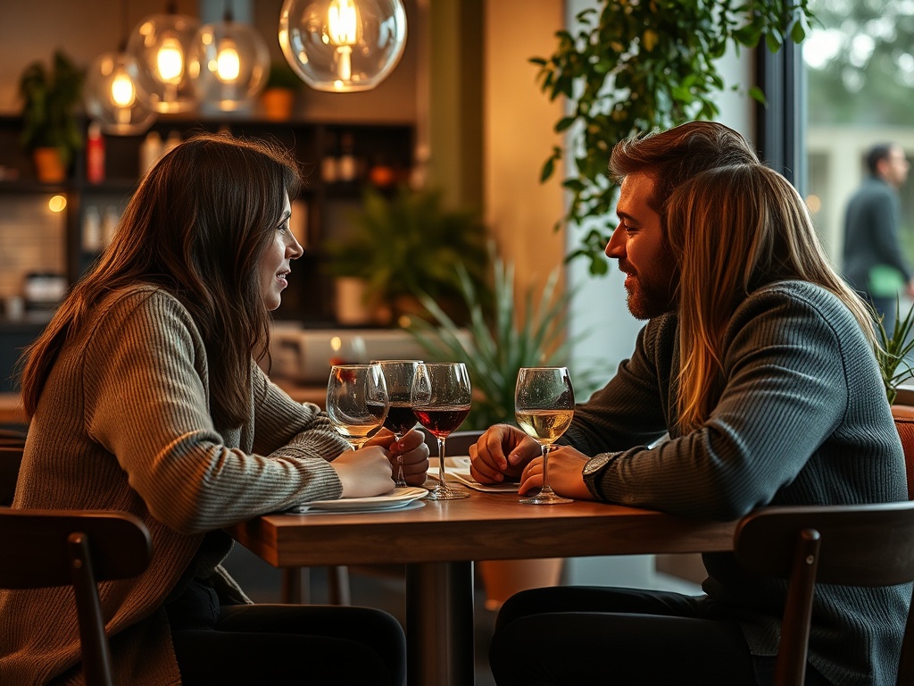 Парочка сидит за столиком в ресторане, общаясь и наслаждаясь бокалами вина при уютном освещении.