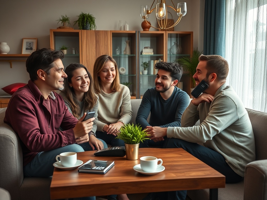 Группа друзей весело общается на диване в уютной комнате с растением и чашками кофе.