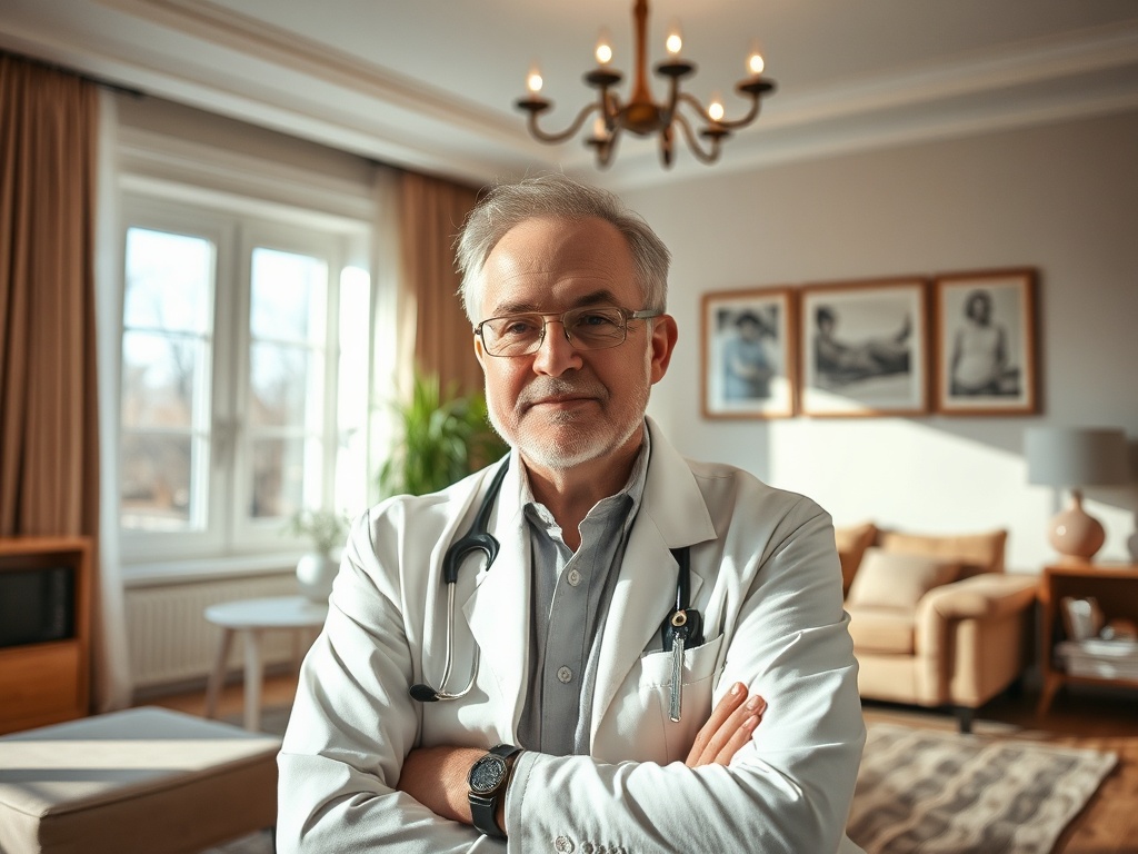 На изображении пожилой врач в белом халате с стетоскопом, стоит в светлом помещении.
