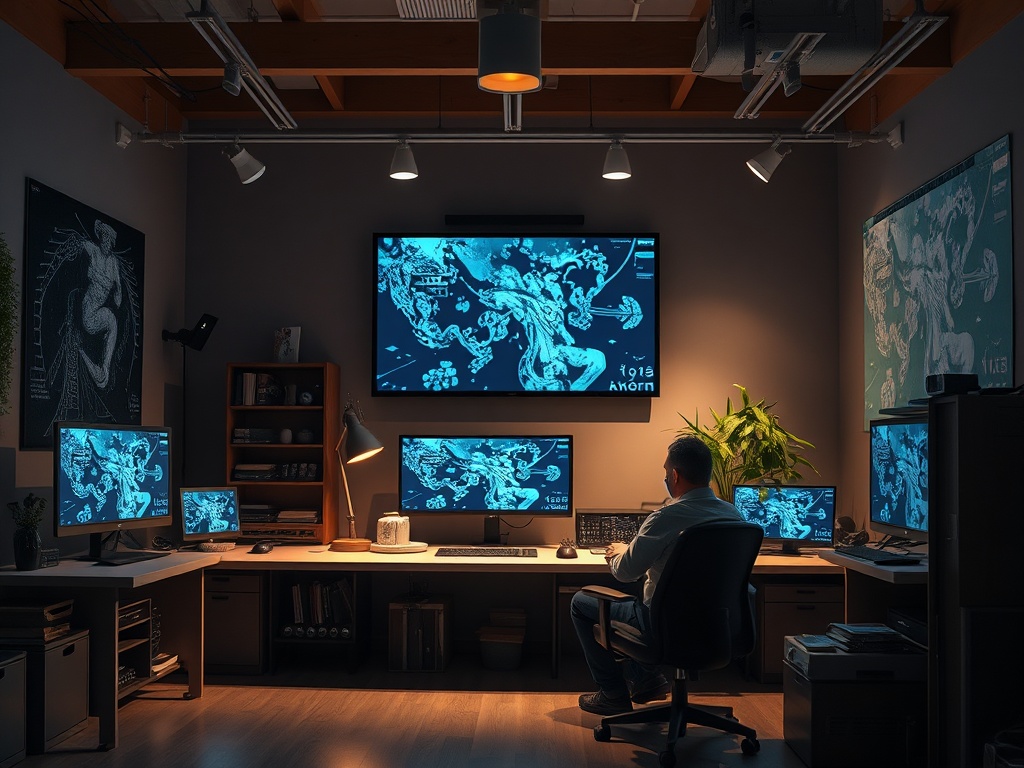 В современном офисе мужчина работает за несколькими экранами, окружённый графиками и растением.