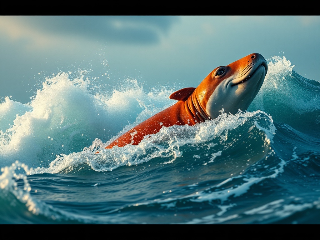 Волны гонят вперед необычное существо с оранжевой шерстью и дружелюбным выражением лица.