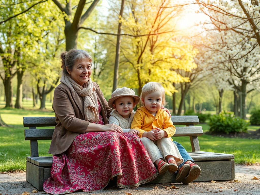 На скамейке в парке сидят бабушка и два ребенка, наслаждающиеся теплым днем среди зеленых деревьев.