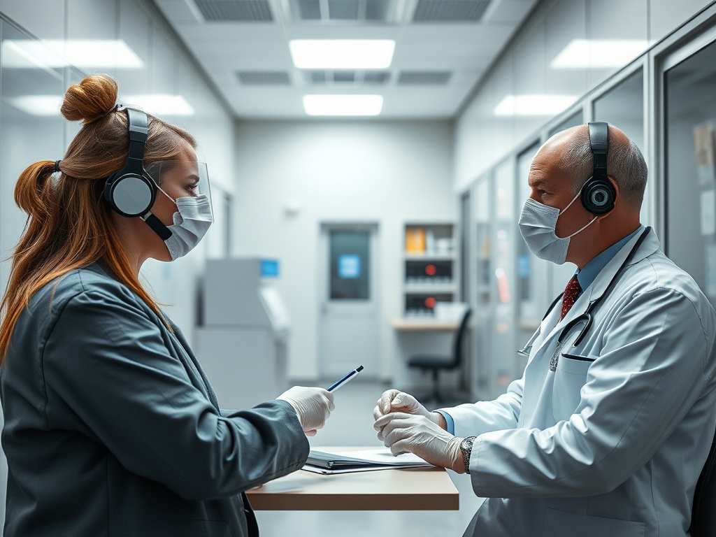 Врач и медсестра обсуждают медицинские вопросы в современном кабинете, оба в наушниках и масках.