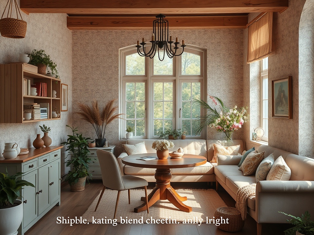 Светлая гостиная с мягкой мебелью, столом, цветами и большими окнами, откуда видно зелёный парк за окном.