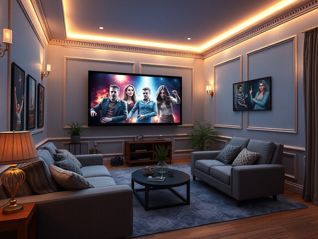 Современный уютный экранный зал с диванами и большими экранами, на которых изображены герои.