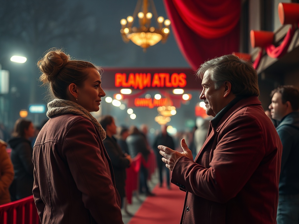 На красной дорожке двое людей обсуждают что-то в свете ярких огней. Вокруг собирается толпа зрителей.