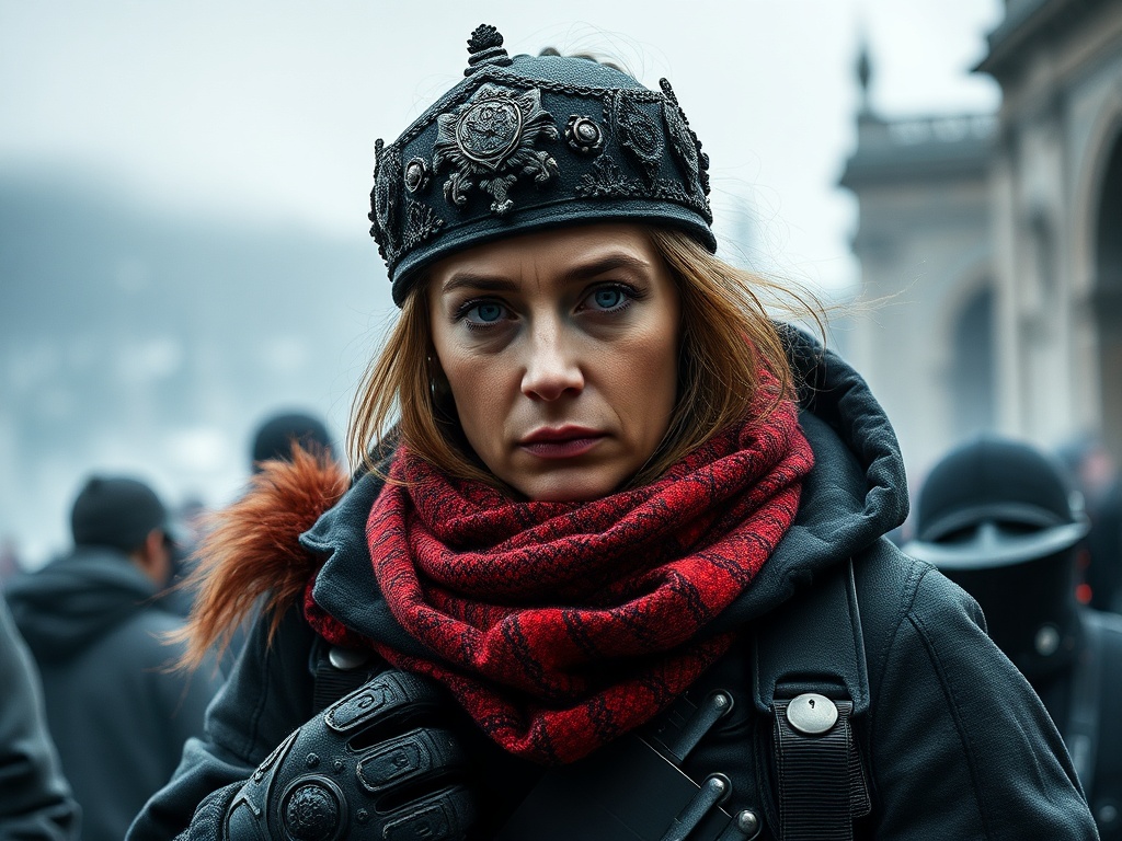 Женщина в строгом наряде с красным шарфом и шлемом, смотрит прямо в камеру на фоне мрачного пейзажа.