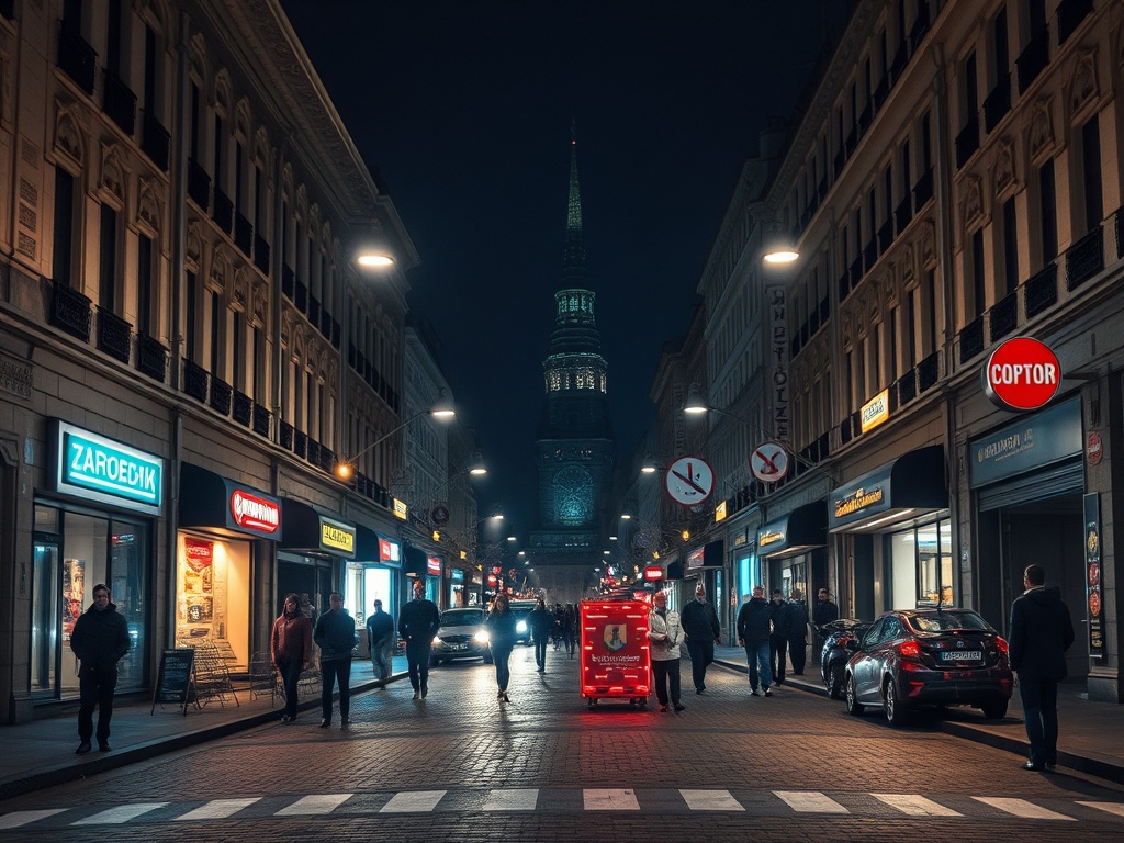 Ночной городской пейзаж с людьми на улице и высокими зданиями, на заднем плане виден钟 башня.