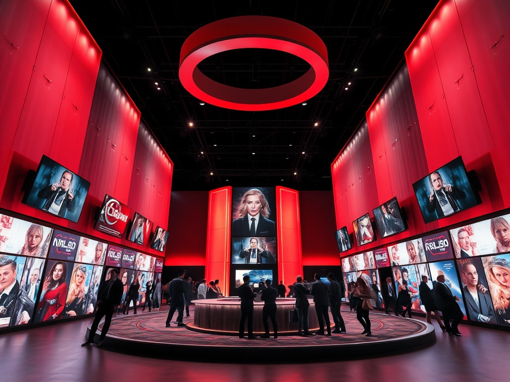 Ярко освещённое пространство с красными стенами, большими экранами и людьми, обсуждающими что-то на круглой площадке.