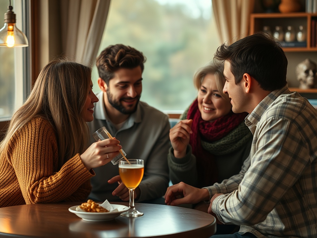 Компания друзей радуется общению в уютном кафе с напитками и закусками.