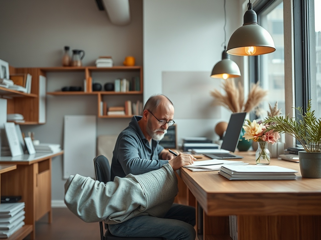 Мужчина в очках работает за столом в уютном офисе, окружённом хорошим освещением и декоративными элементами.