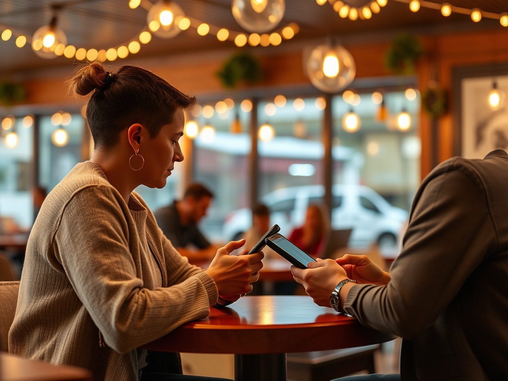 Два человека сидят в кафе, общаясь и используя смартфоны, на фоне теплого освещения и уютной обстановки.