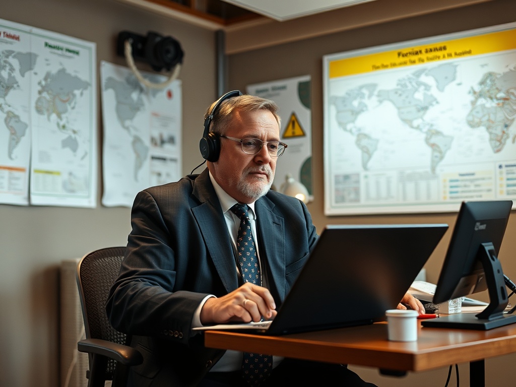 На изображении мужчина в костюме с наушниками работает за компьютером в офисе с картами на стенах.