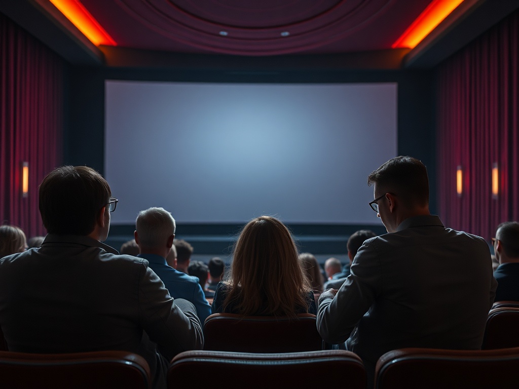 Кинотеатр с зрителями, ожидающими начала сеанса, экран пустой, яркое освещение в зале.