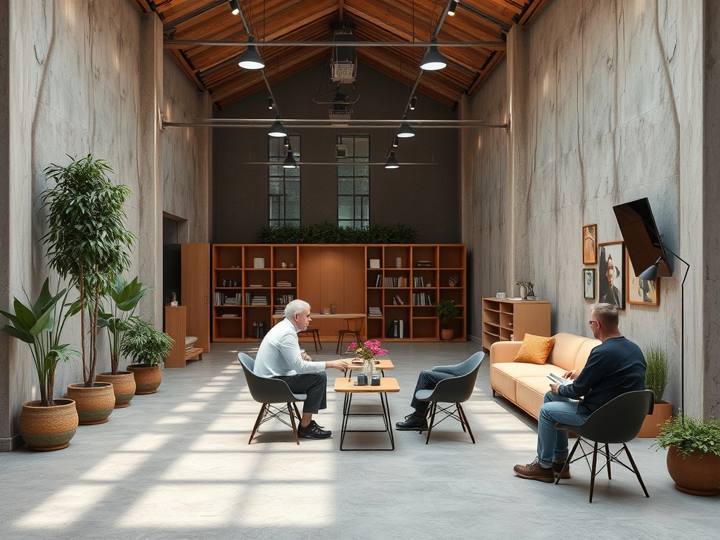 Три человека беседуют в современном интерьере с высокими потолками, растениями и уютной мебелью.