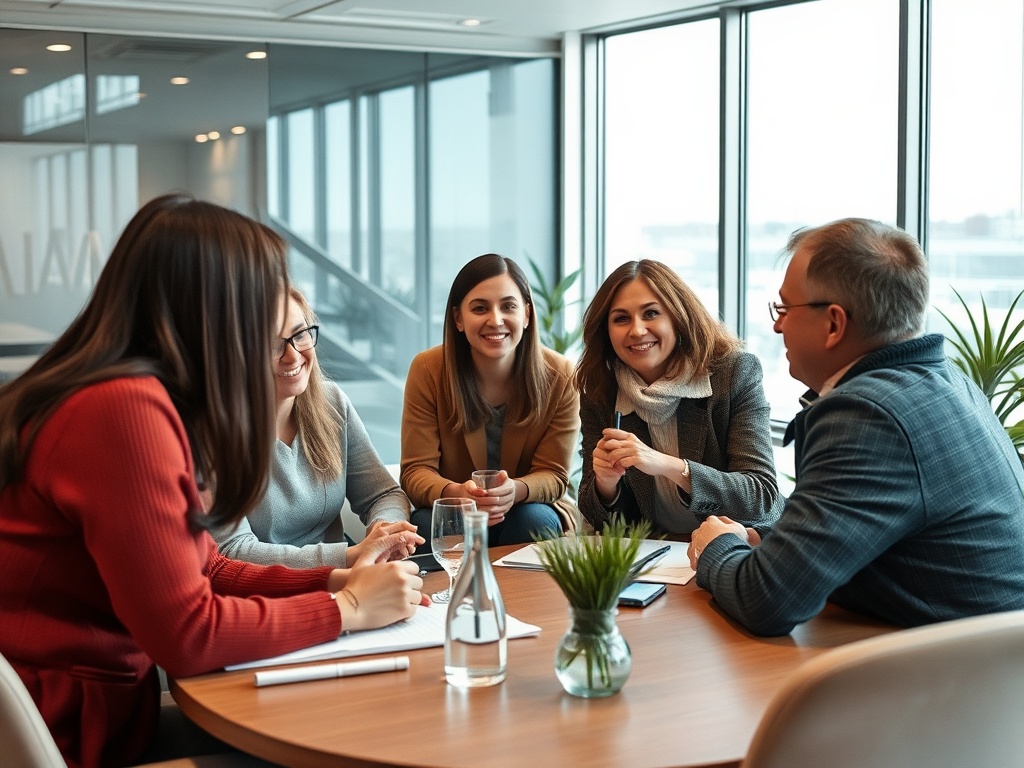 Группа людей обсуждает идеи за круглым столом в офисе с большими окнами и растениями.