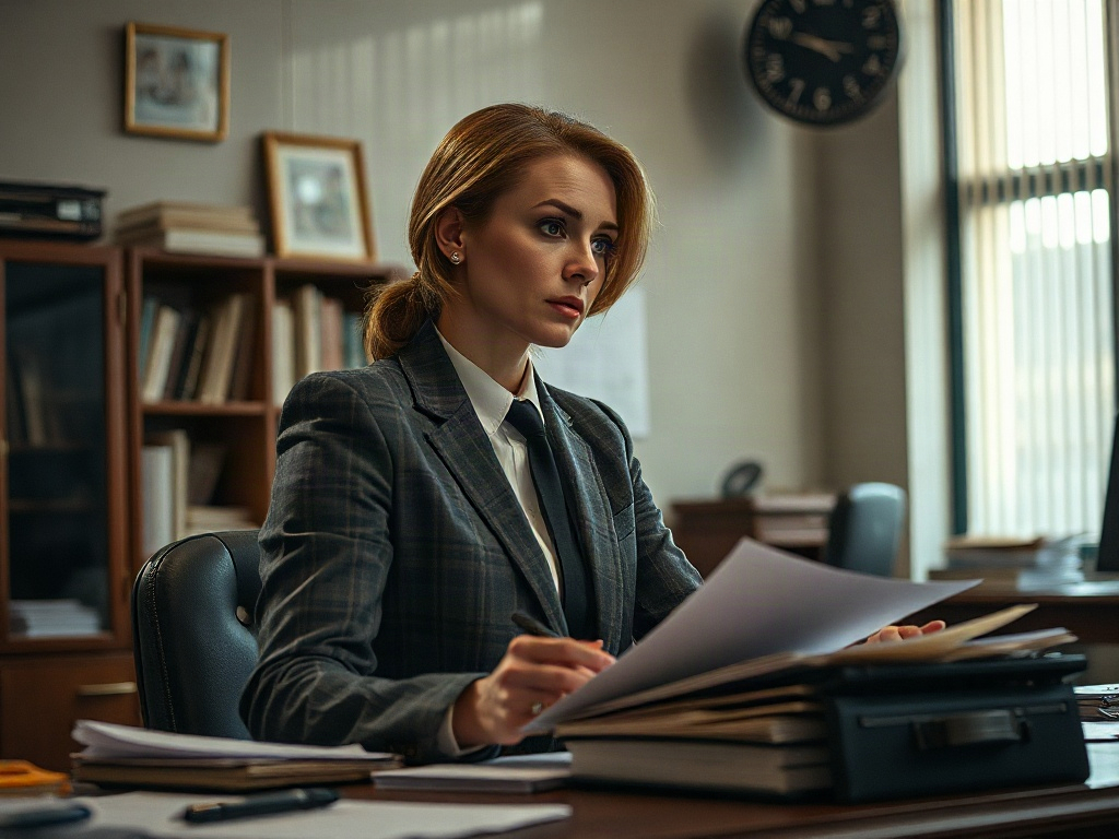 Женщина в деловом костюме внимательно изучает документы в офисе. На фоне видны книги и настенные часы.